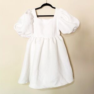 White Puff Sleeve Mini Jacquard Babydoll Dress